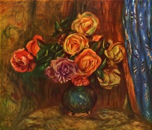 Pierre Auguste Renoir - Still life, roses before blue curtain