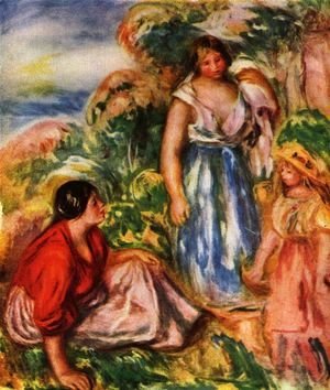 Two women with young girl in a landscape