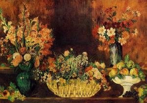 Vase  Basket Of Flowers And Fruit