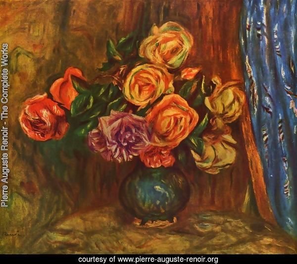 Still life, roses before blue curtain