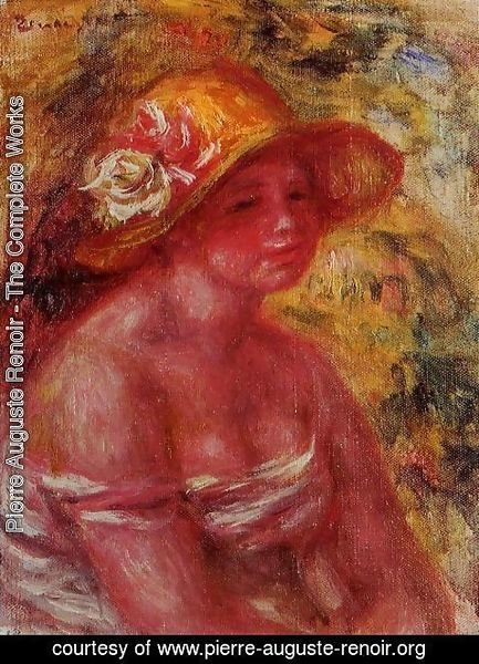 Pierre Auguste Renoir - Bust Of A Young Girl Wearing A Straw Hat